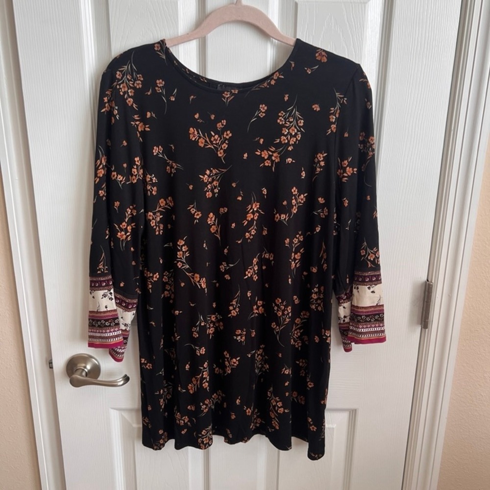 J Jill Wearever Floral Print Dress Long Sleeve Casual Black Dress Size M